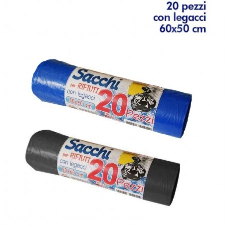 Sacchi per Rifiuti con Legacci 50x60cm 20 Pz. (Vari Colori)